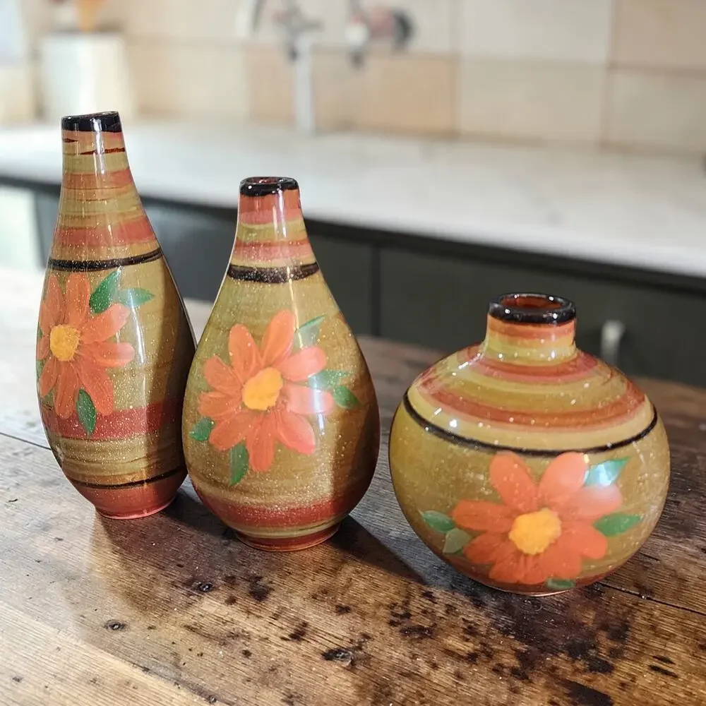 Small Ceramic Vase Set of 3 with Hand painted Floral Designs and Glazed Finish